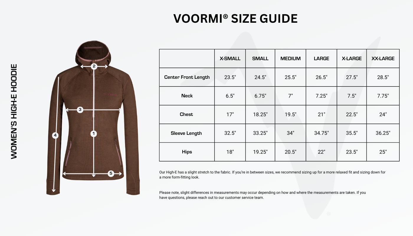 Women's High-E Hoodie Size Guide Diagram