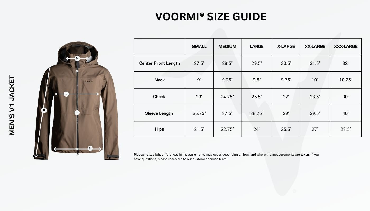 Men's V1 Jacket Size Guide Diagram