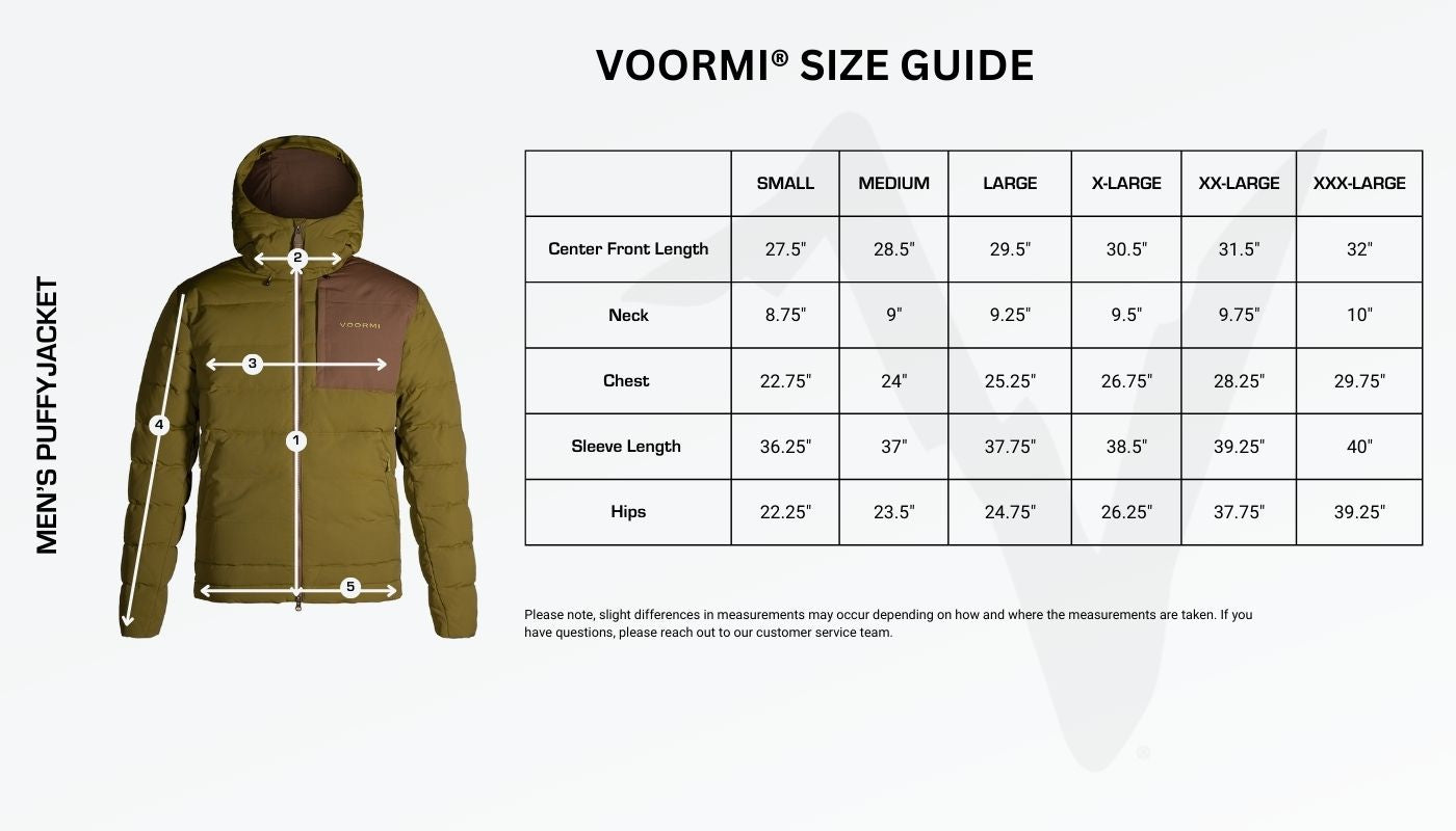 Men's Puffy Size Guide Diagram