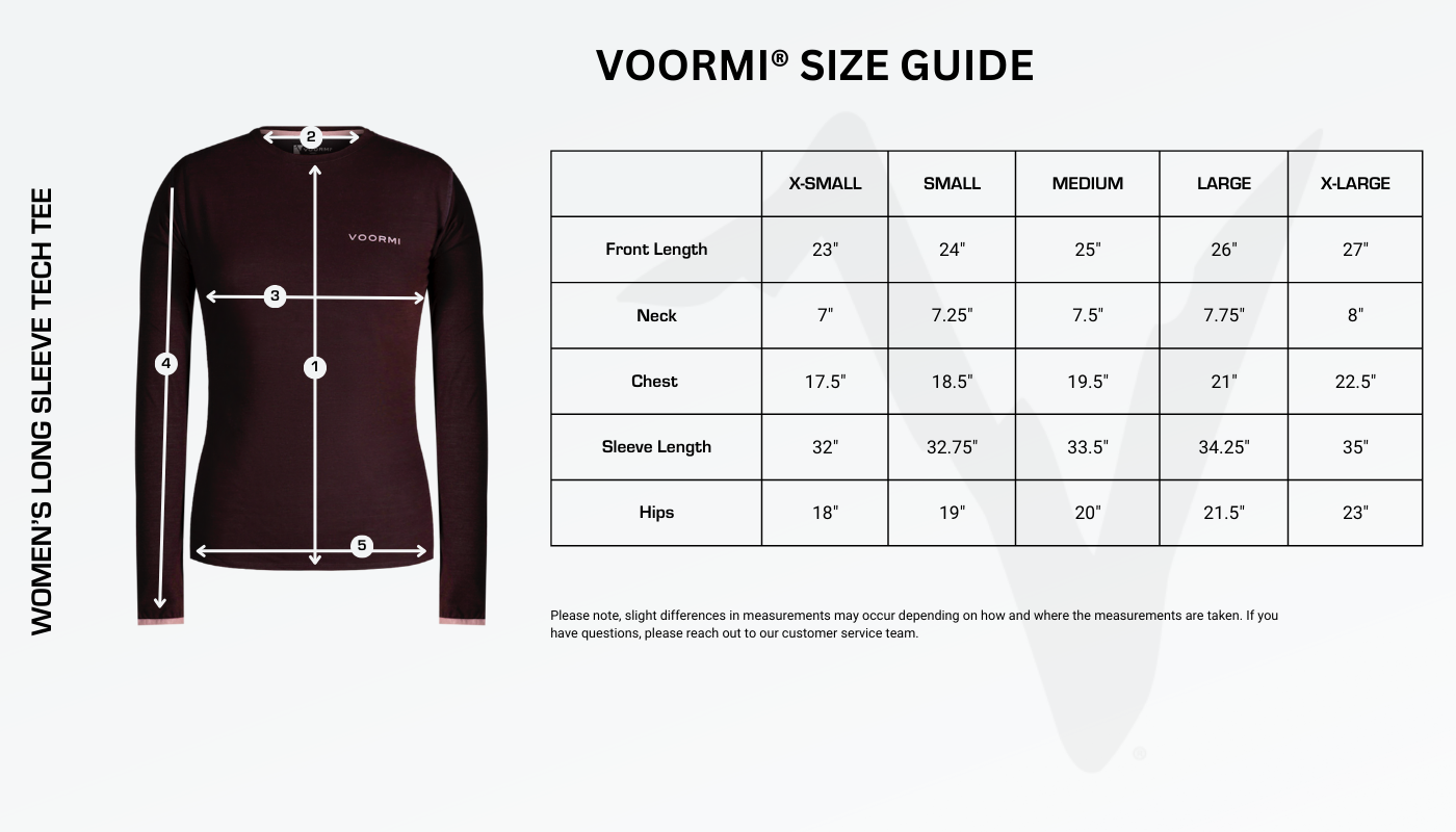 Women's Long Sleeve Tech Tee Size Guide Diagram