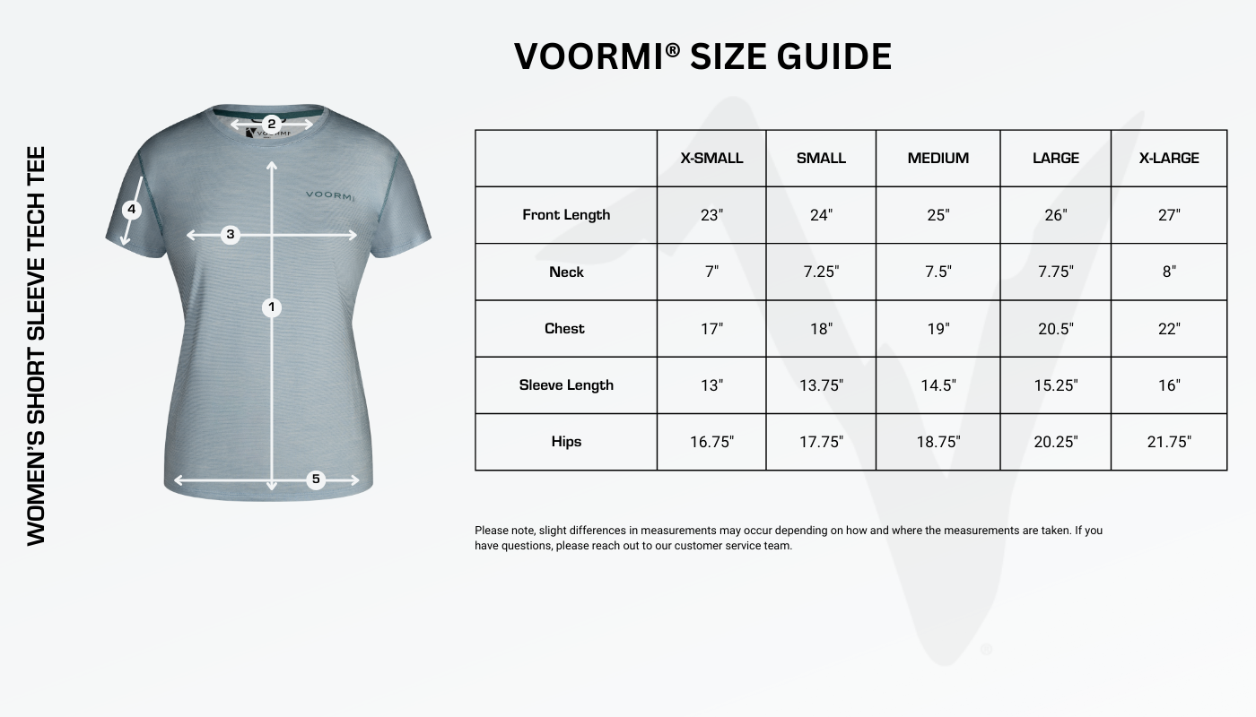 Women's Short Sleeve Tech Tee Size Guide Diagram