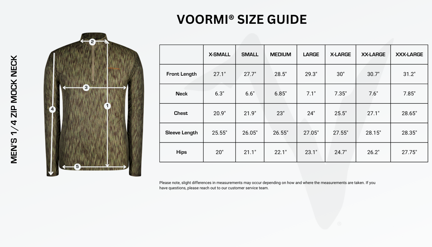 Men's 1/4 Zip Mock Neck Size Guide Diagram