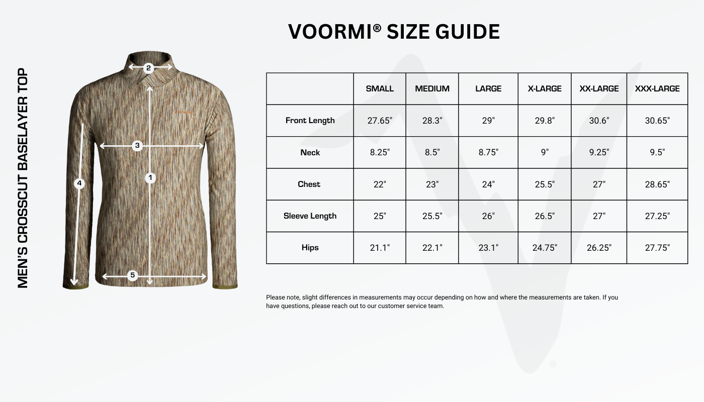 Men's Crosscut Baselayer Top Size Guide Diagram