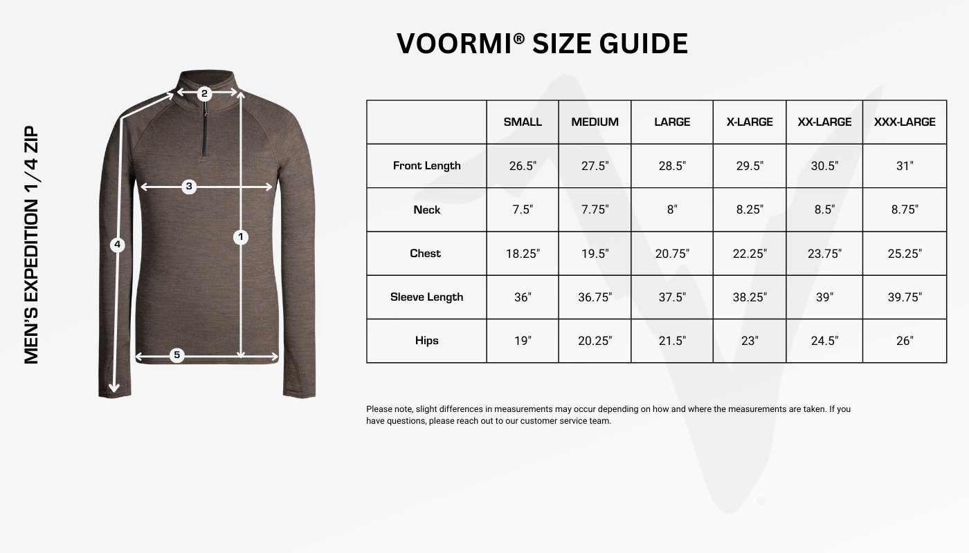 Men's Expedition 1/4 Size Guide Diagram