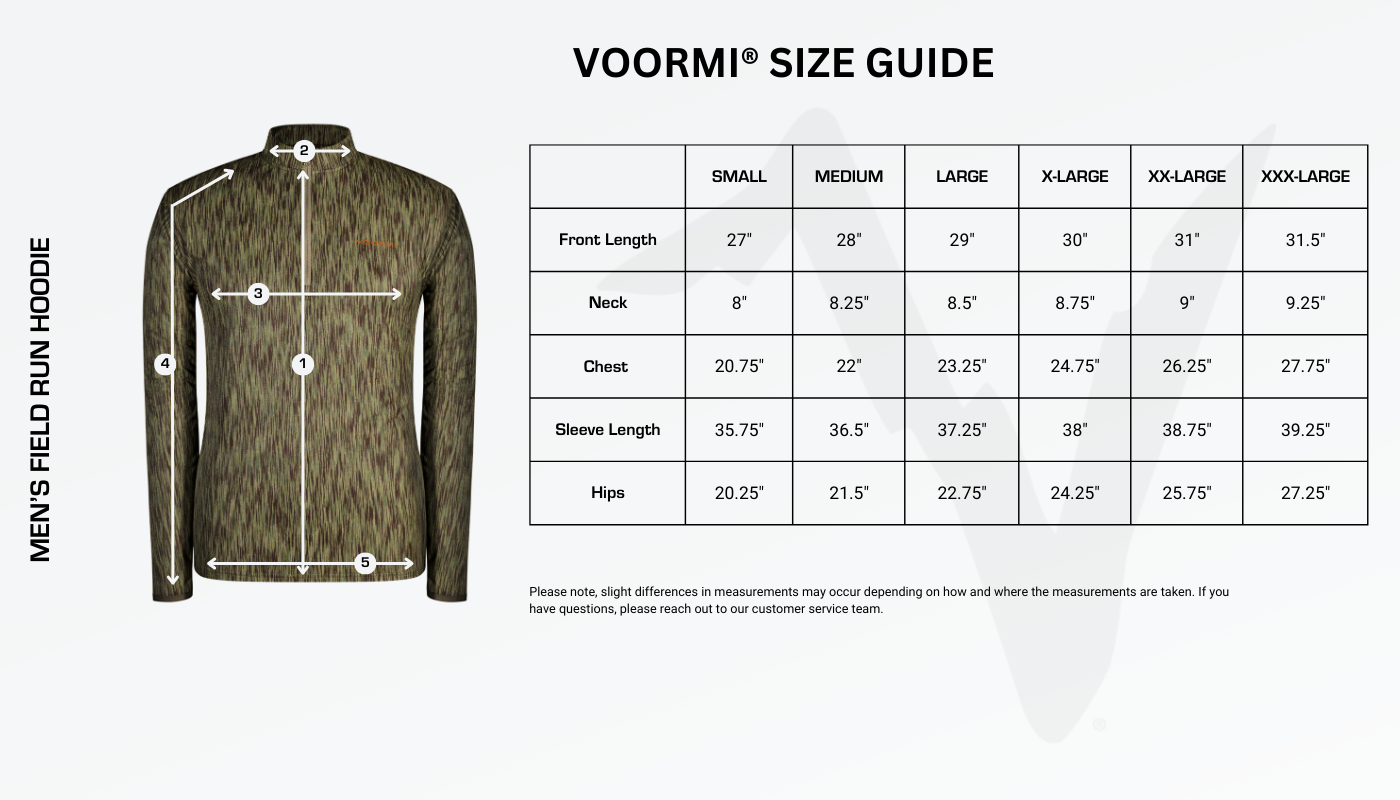 Men's Field Run Hoodie Size Guide Diagram