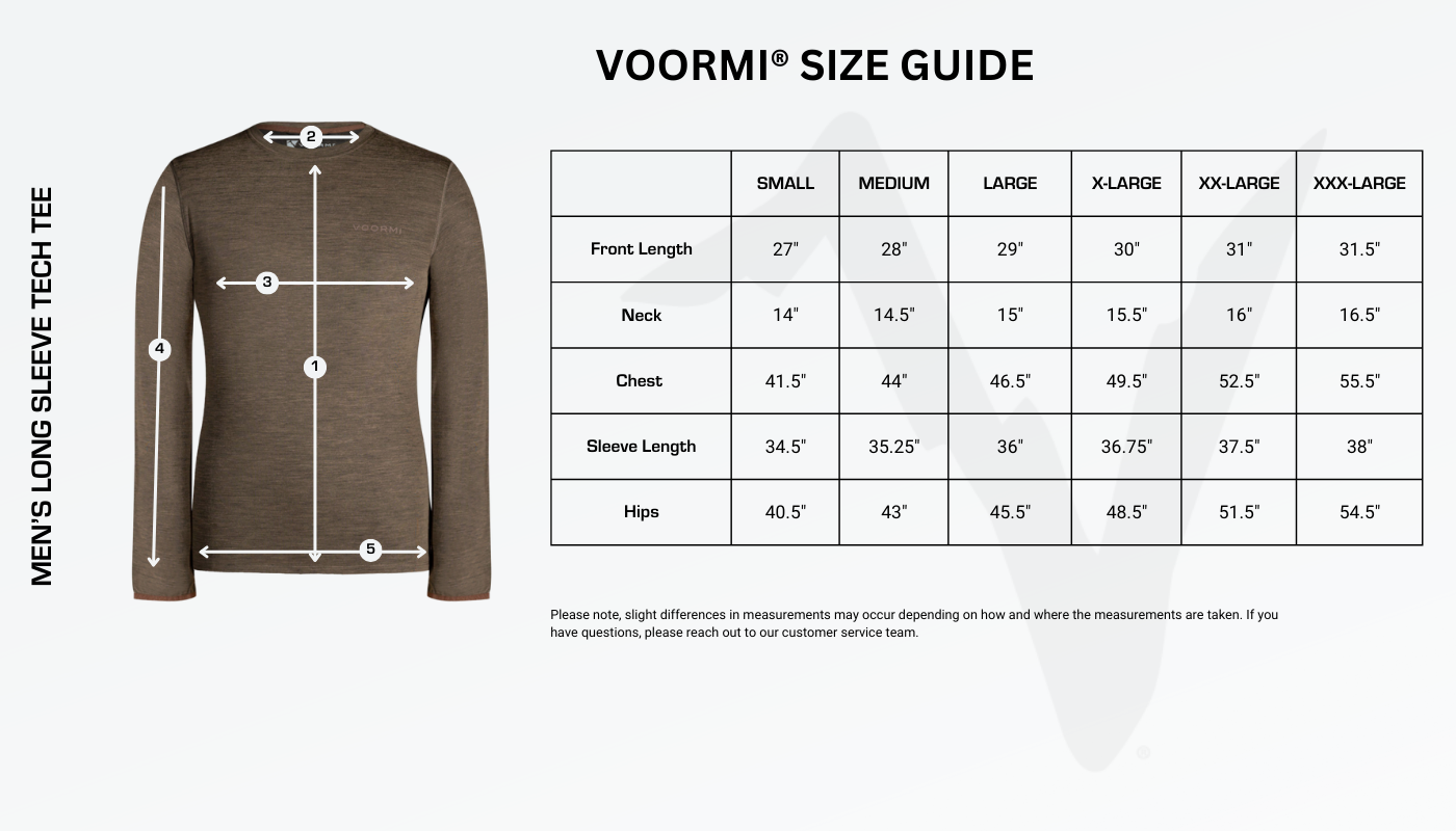 Men's Long Sleeve Tech Tee Size Guide Diagram