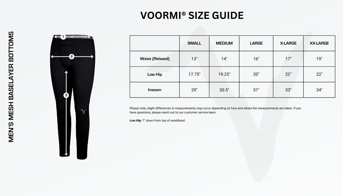 Men's Mesh Baselayer Bottoms Size Guide Diagram