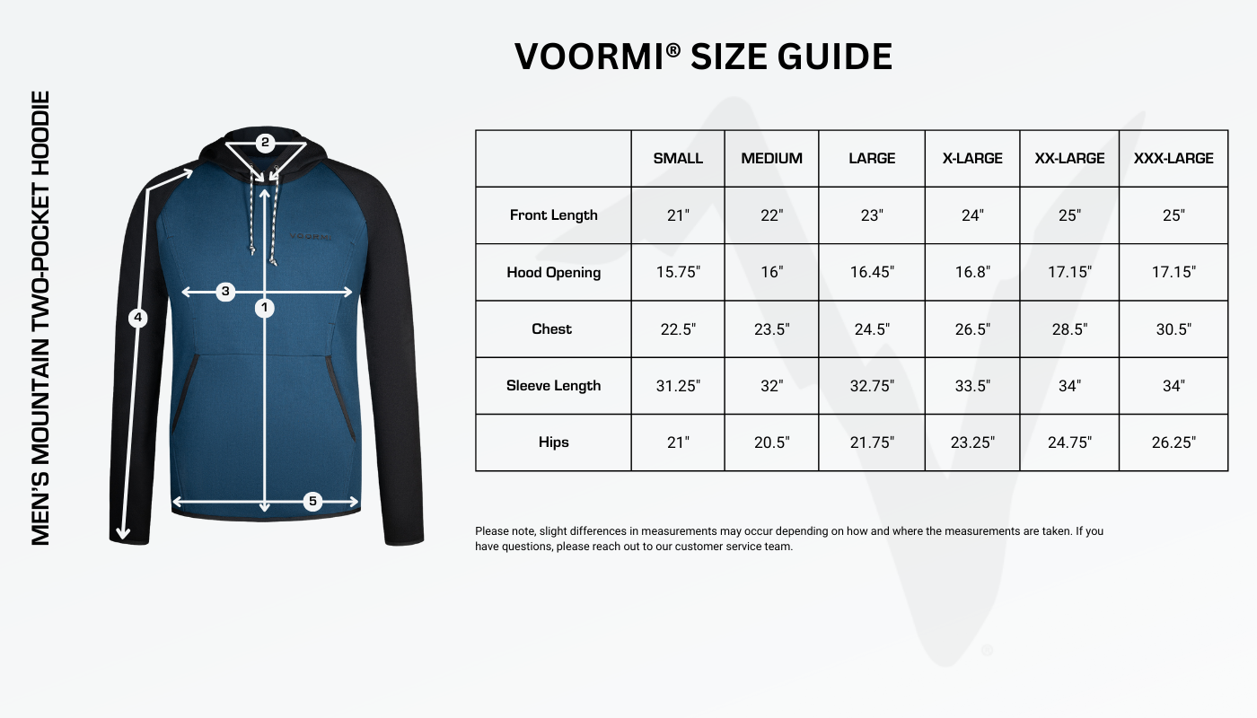 Men's Mountain Two-Pocket Hoodie Size Guide Diagram