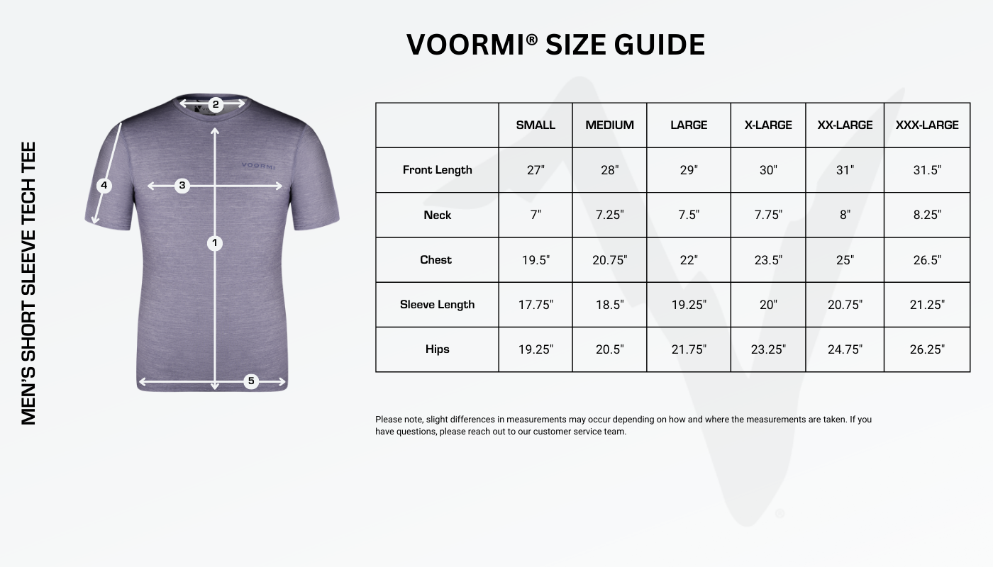 Men's Short Sleeve Tech Tee Size Guide Diagram