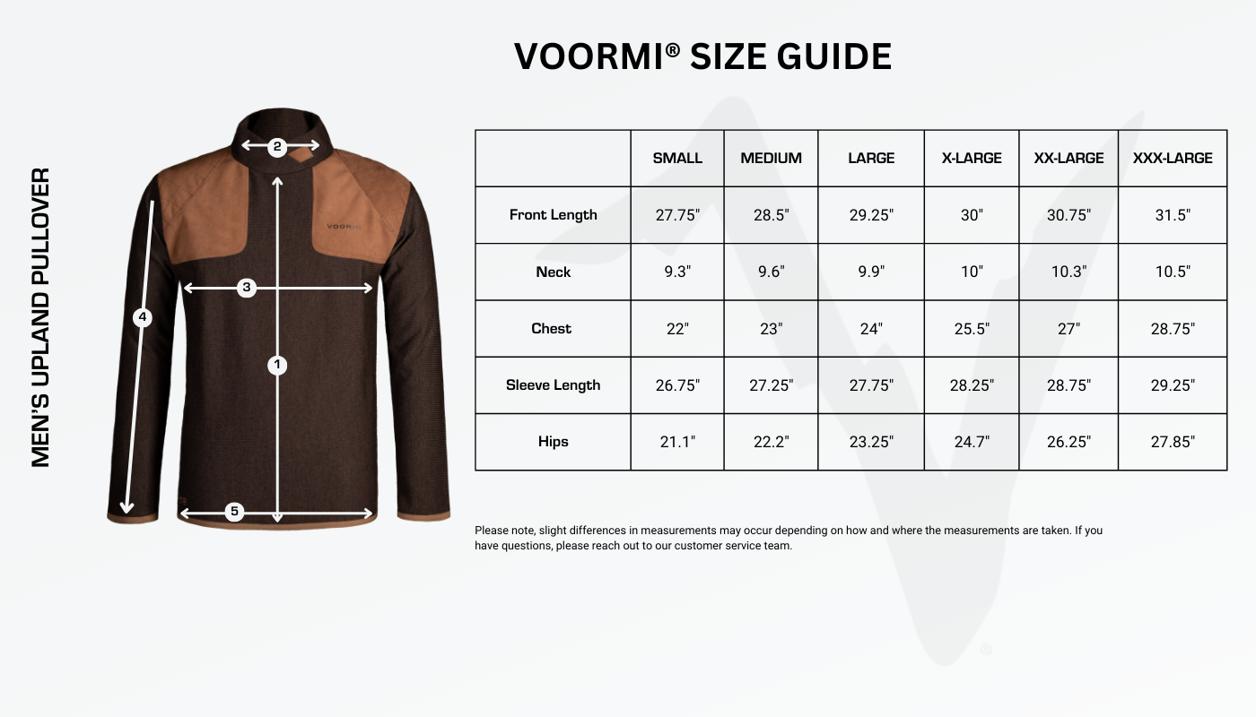 Men's Upland Pullover Size Guide Diagram