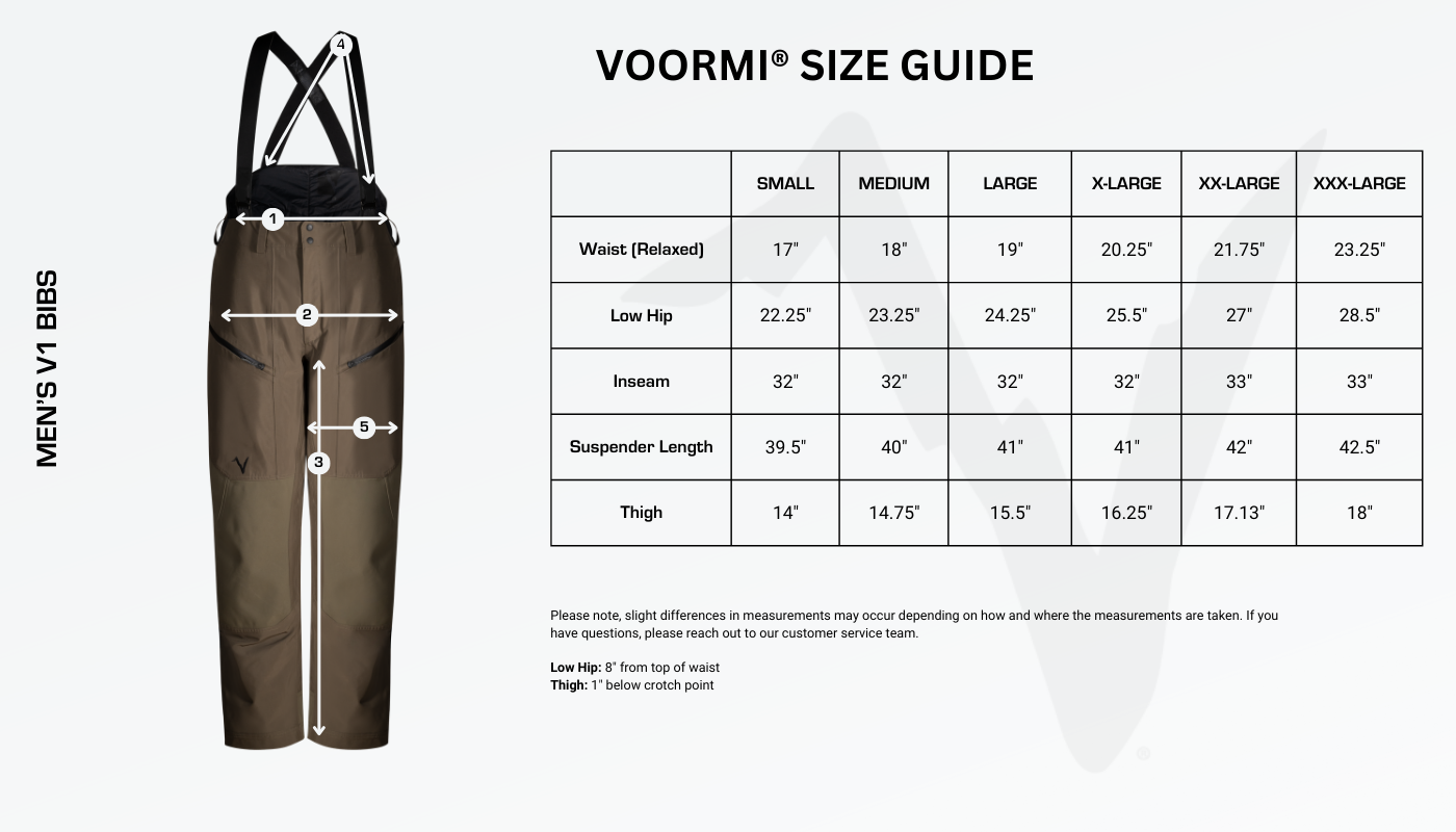 Men's V1 Bibs Size Guide Diagram