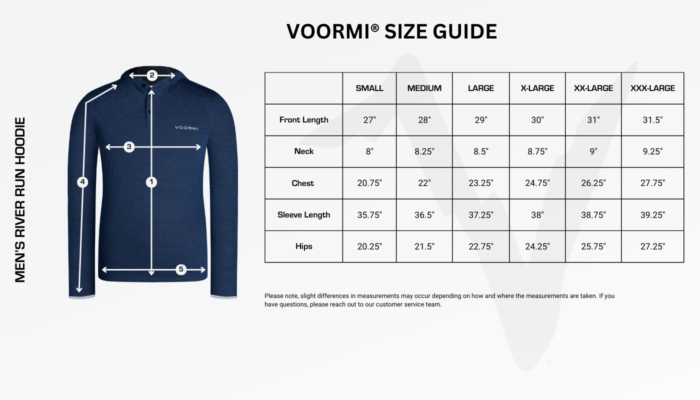 Men's River Run Hoodie Size Guide Diagram