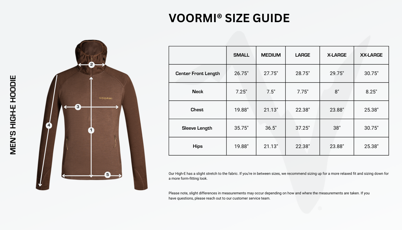 Men's High-E Hoodie Size Guide Diagram