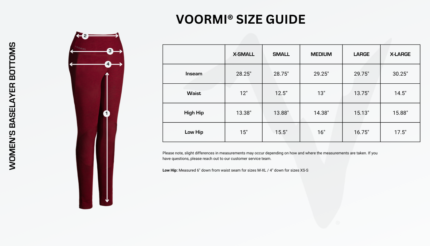 Women's Baselayer Bottoms Size Guide Diagram