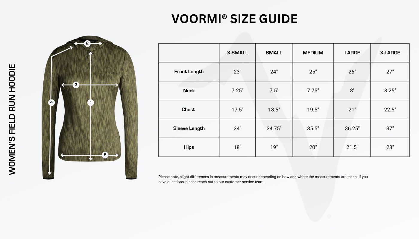 Women's Field Run Hoodie Size Guide Diagram