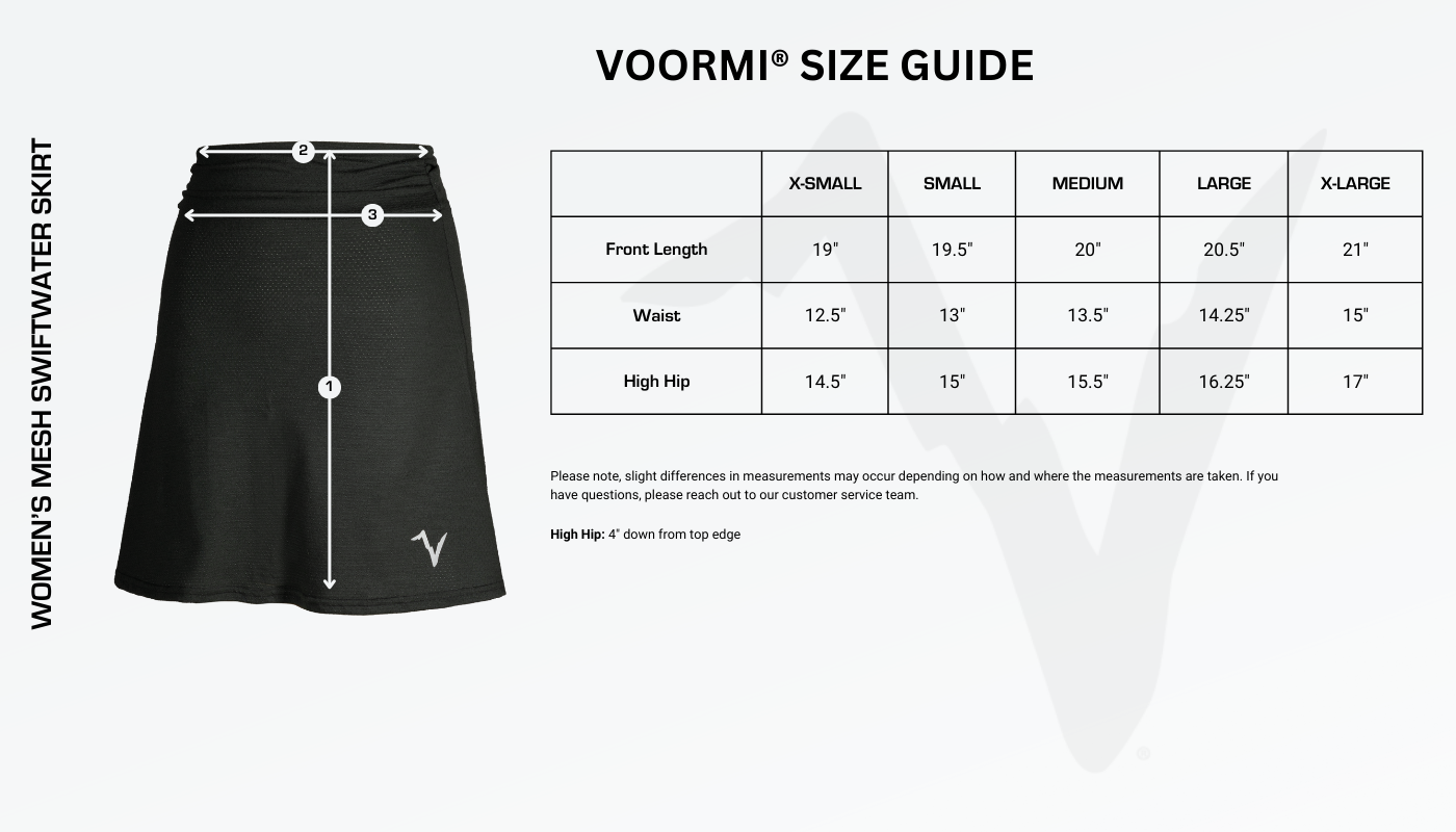 Women's Mesh Swiftwater Skirt Size Guide Diagram