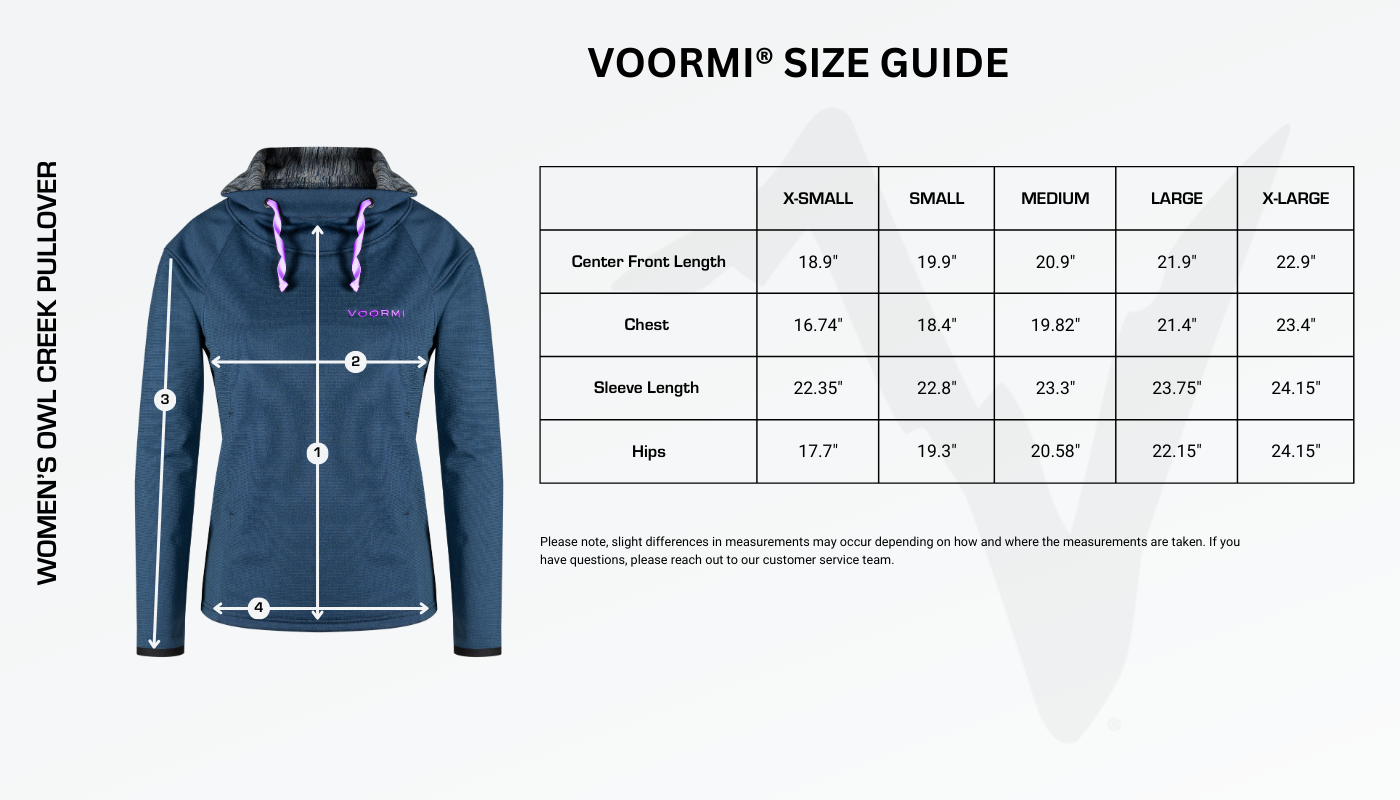 Women's Owl Creek Pullover Size Guide Diagram