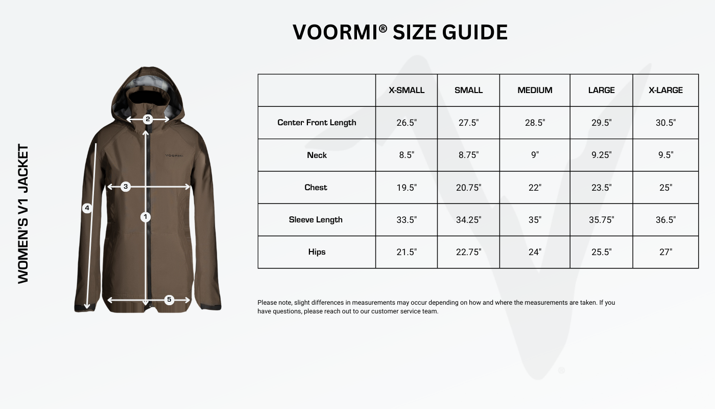 Women's V1 Jacket Size Guide Diagram